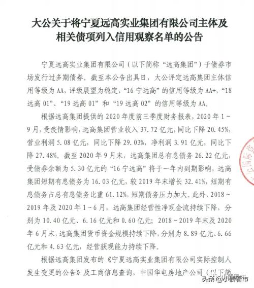 又一家企業債券違約,寧夏遠高集團被列入觀察名單